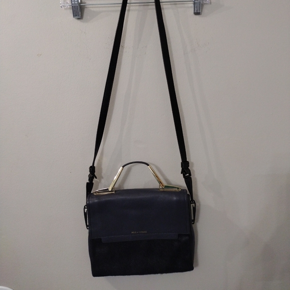 POUR LA VICTOIRE Boxy Crossbody Bag Satchel Purse Leather Navy Convertible.10 - Picture 2 of 10